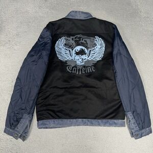 VTG Caffeine Biker Reversible Bomber Jacket Men Sz S Blue Distressed Full Zip